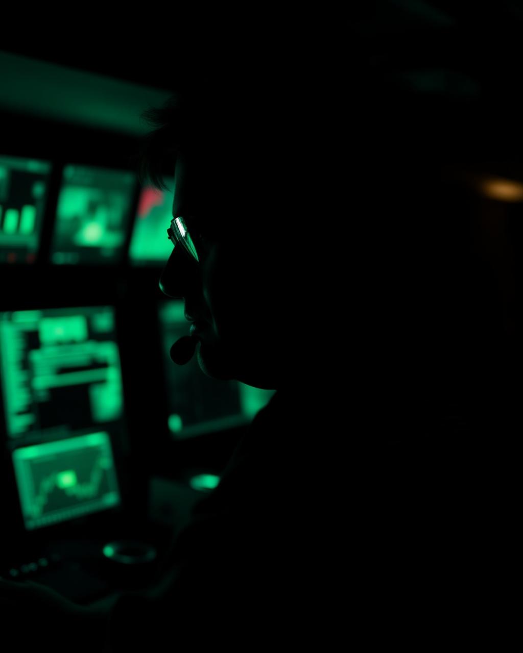 US veteran cyber analyst watching threat monitors in the BlackBunker security operations center